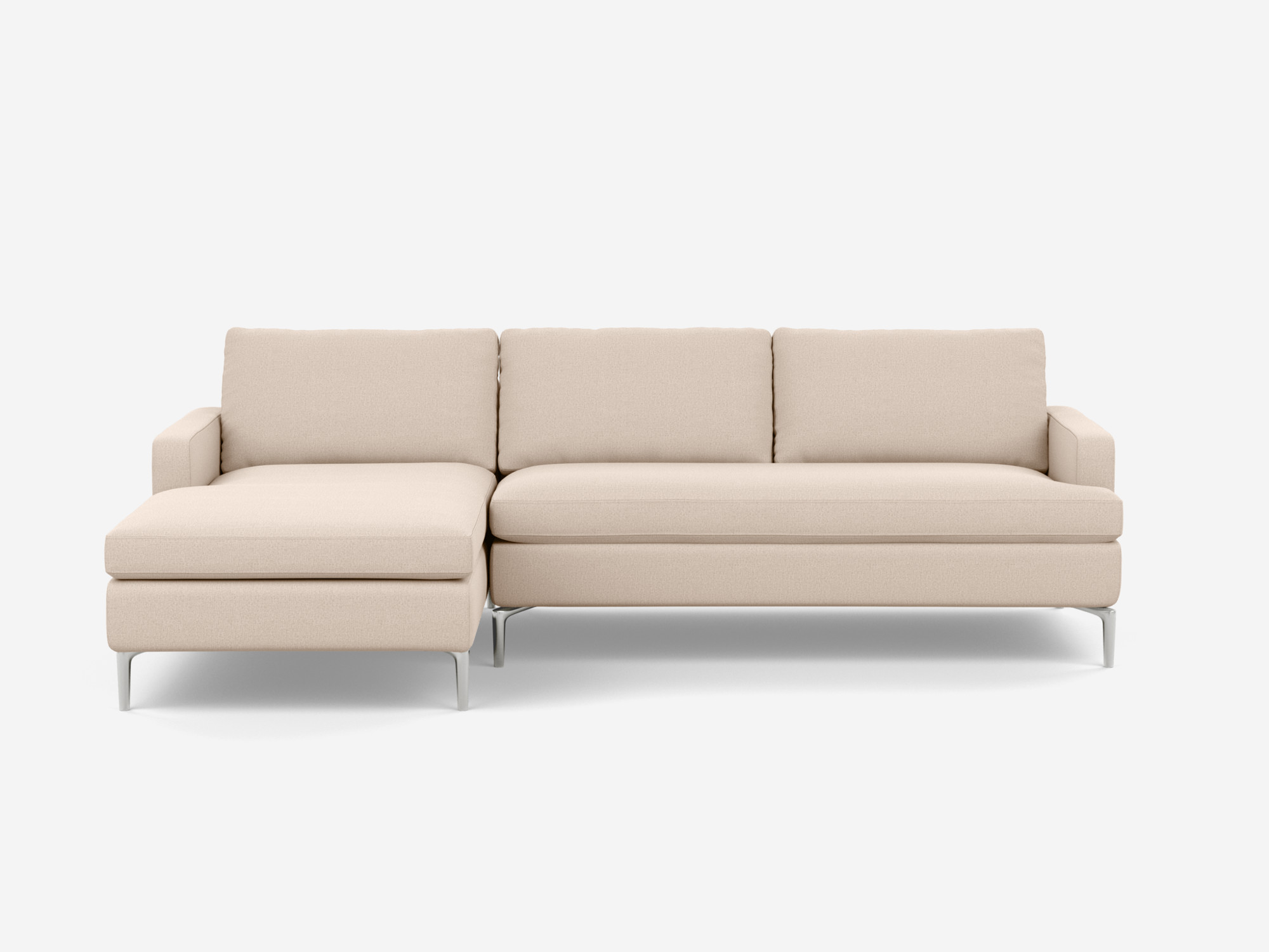 Front view of the Eve Grand modular sofa in white fabric with left hand chaise